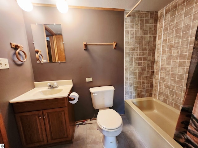 3764 E N Down River Rd, Grayling, MI 49738 - full bath featuring toilet, vanity, shower / bath combo with shower curtain, and tile patterned floors