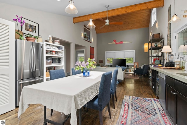 3362 S French Rd, Cedar, MI 49621 - dining area featuring beamed ceiling, high vaulted ceiling, dark wood finished floors, and a ceiling fan