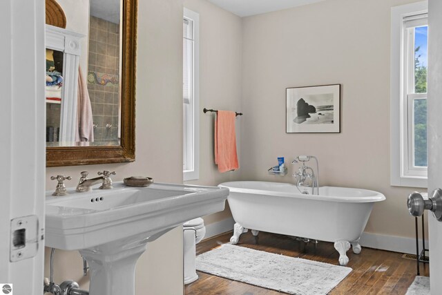 3362 S French Rd, Cedar, MI 49621 - full bath with baseboards, a soaking tub, wood finished floors, and a sink
