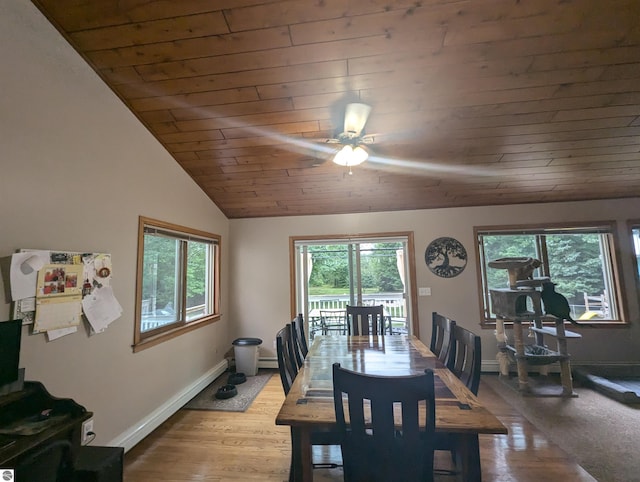 8544 Esmond Rd, Hale, MI 48739 - dining area with wooden ceiling, healthy amount of natural light, ceiling fan, wood finished floors, and vaulted ceiling