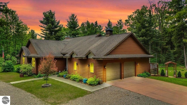 6369 Wooded Trl, Houghton Lake, MI 48629 - rustic home featuring a lawn, roof with shingles, a garage, and a chimney