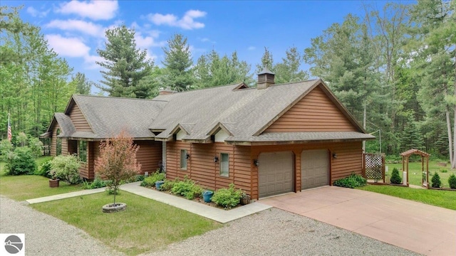 6369 Wooded Trl, Houghton Lake, MI 48629 - log cabin with a front lawn, a shingled roof, and a chimney