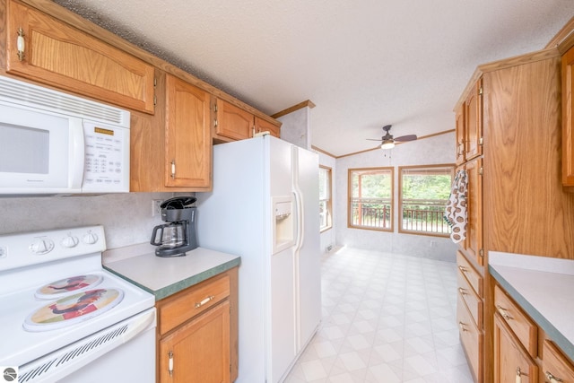 19275 Coates Hwy, Brethren, MI 49619 - kitchen featuring white appliances, a ceiling fan, light flooring, light countertops, and a textured ceiling
