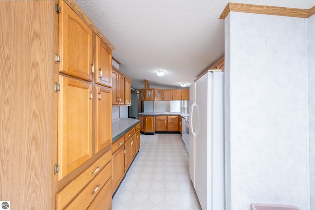 19275 Coates Hwy, Brethren, MI 49619 - kitchen with freestanding refrigerator, light floors, and a textured ceiling