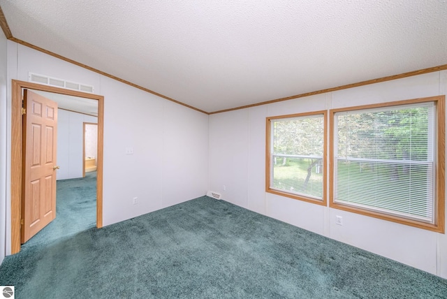 19275 Coates Hwy, Brethren, MI 49619 - spare room with ornamental molding, lofted ceiling, carpet, a textured ceiling, and a decorative wall