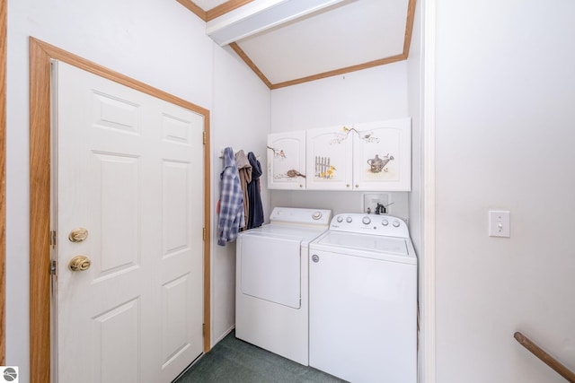 19275 Coates Hwy, Brethren, MI 49619 - laundry area with cabinet space, independent washer and dryer, carpet floors, and crown molding