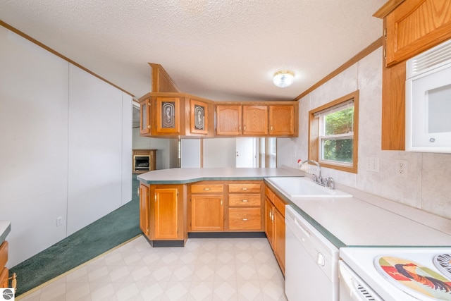 19275 Coates Hwy, Brethren, MI 49619 - kitchen featuring white appliances, light floors, a peninsula, light countertops, and a textured ceiling