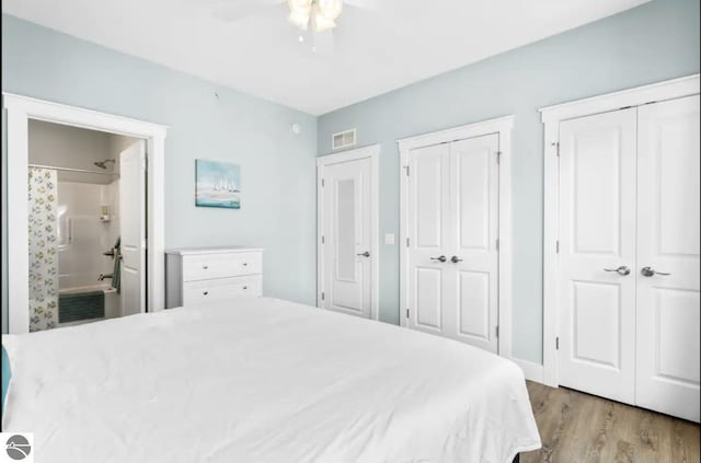 914-16 E Front St Unit 16, Traverse City, MI 49686 - bedroom with multiple closets, wood finished floors, connected bathroom, and ceiling fan