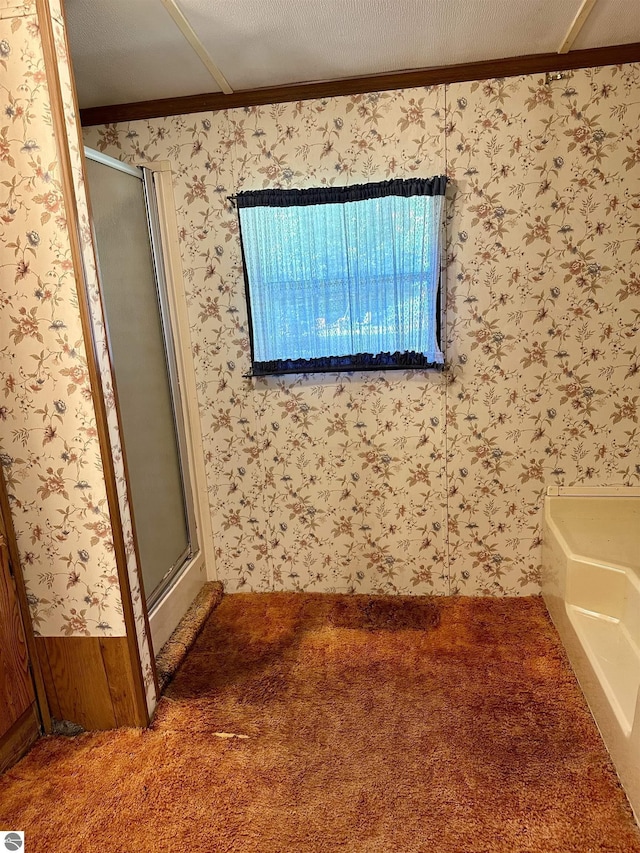 8334 Cinder Hill Rd, Mancelona, MI 49659 - full bath featuring a stall shower, wallpapered walls, carpet floors, ornamental molding, and a tub