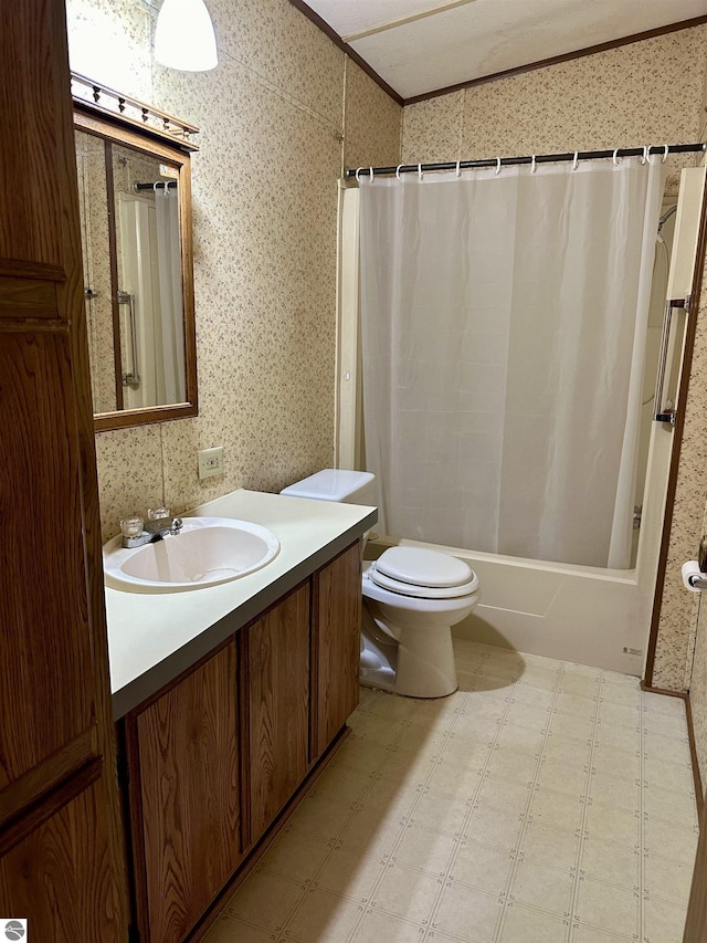 8334 Cinder Hill Rd, Mancelona, MI 49659 - bathroom featuring wallpapered walls, vanity, tile patterned floors, and shower / bath combo with shower curtain