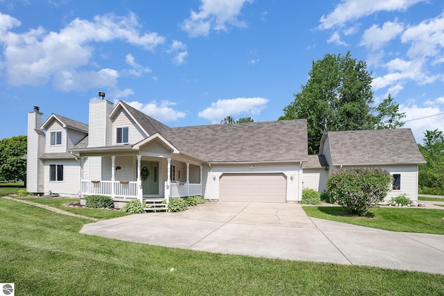 7746 Five Lakes Dr, Farwell, MI 48622 - view of front of property with covered porch, an attached garage, a front lawn, and concrete driveway