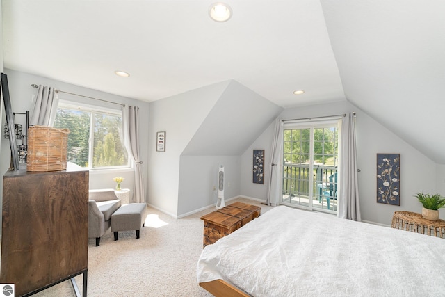 7746 Five Lakes Dr, Farwell, MI 48622 - carpeted bedroom featuring access to exterior, vaulted ceiling, and recessed lighting