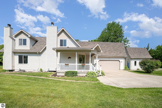 7746 Five Lakes Dr, Farwell, MI 48622 - view of front of property featuring a porch, an attached garage, driveway, a chimney, and a front lawn