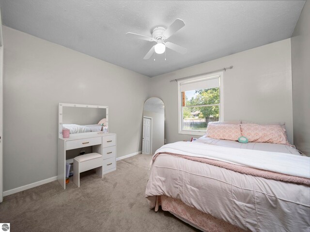 1708 Ketha Dr, Cadillac, MI 49601 - bedroom featuring light carpet, arched walkways, and a ceiling fan