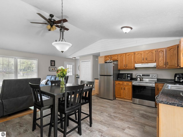 1708 Ketha Dr, Cadillac, MI 49601 - kitchen featuring stainless steel appliances, under cabinet range hood, vaulted ceiling, dark countertops, and a ceiling fan