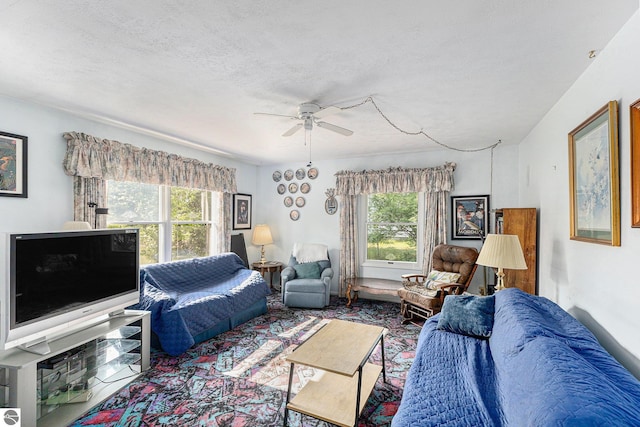 2902 N Dr, Traverse City, MI 49685 - living area featuring a ceiling fan and a textured ceiling