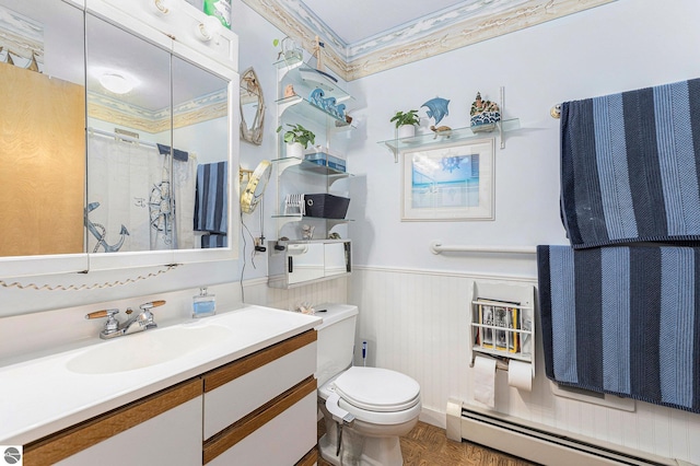 2902 N Dr, Traverse City, MI 49685 - full bathroom with a baseboard heating unit, a wainscoted wall, vanity, and curtained shower