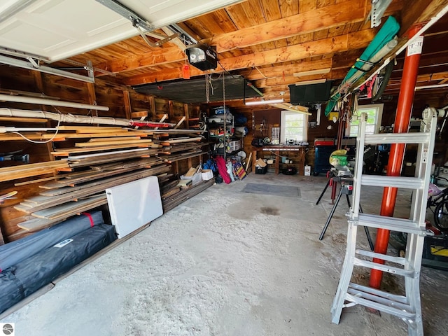 801 N Bridge St, Bellaire, MI 49615 - garage featuring a garage door opener and a workshop area