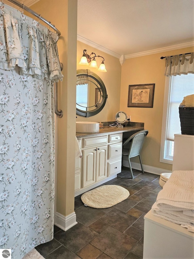 1005 W Lake St Unit 4, Tawas City, MI 48763 - bathroom with crown molding, a shower with curtain, vanity, and stone finish flooring