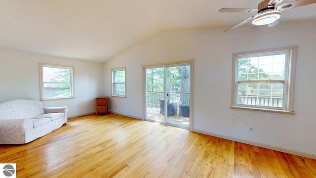 7500 Five Lakes Dr, Farwell, MI 48622 - sitting room with hardwood / wood-style flooring, vaulted ceiling, and a ceiling fan