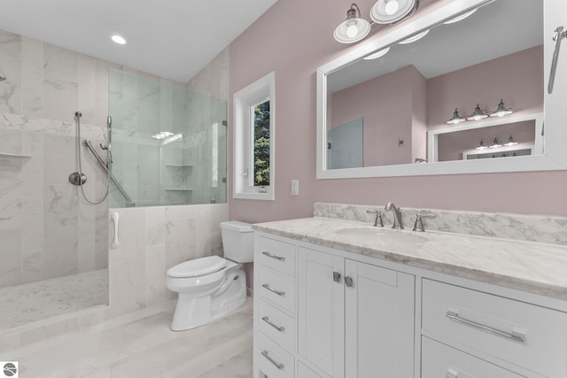 301 Pearl St, Kingsley, MI 49649 - full bath featuring vanity, a marble finish shower, marble finish floors, and recessed lighting