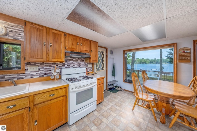 16530 Lonesome Trl, Leroy, MI 49655 - kitchen with white gas range oven, light countertops, under cabinet range hood, decorative backsplash, and a drop ceiling
