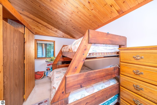 16530 Lonesome Trl, Leroy, MI 49655 - bedroom featuring carpet, lofted ceiling, and wooden ceiling