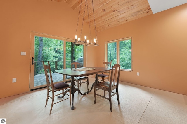 1849 W 24th Rd, Boon, MI 49618 - dining room featuring wood ceiling, high vaulted ceiling, a chandelier, and healthy amount of natural light