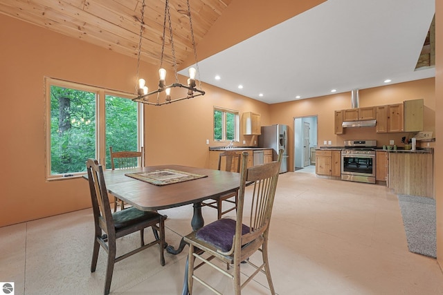 1849 W 24th Rd, Boon, MI 49618 - dining room with a chandelier, healthy amount of natural light, recessed lighting, wood ceiling, and high vaulted ceiling