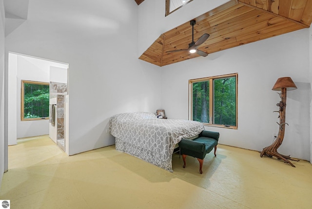 1849 W 24th Rd, Boon, MI 49618 - bedroom with a towering ceiling, ceiling fan, a fireplace, and ensuite bath