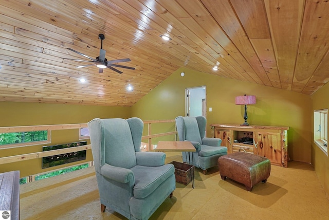 1849 W 24th Rd, Boon, MI 49618 - living area featuring lofted ceiling, wooden ceiling, a ceiling fan, and recessed lighting