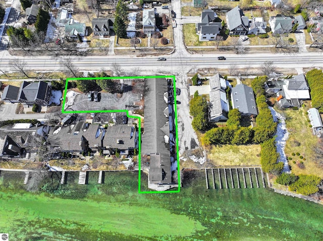 407 S Main St, Leland, MI 49654 - aerial view of residential area with property parcel outlined
