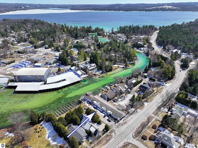 407 S Main St, Leland, MI 49654 - aerial overview of property's location featuring a nearby body of water