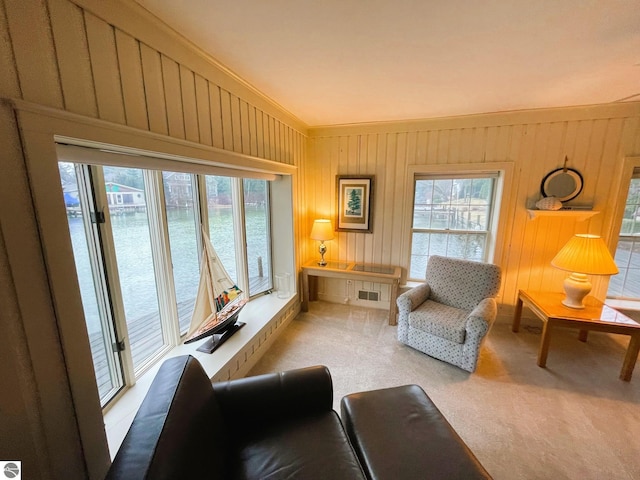407 S Main St, Leland, MI 49654 - carpeted living area featuring wooden walls, a water view, and ornamental molding