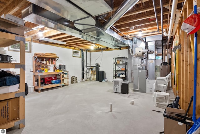 6352 S Westwood Pkwy, Suttons Bay, MI 49682 - basement featuring a water softener system, a workshop area, and heating unit