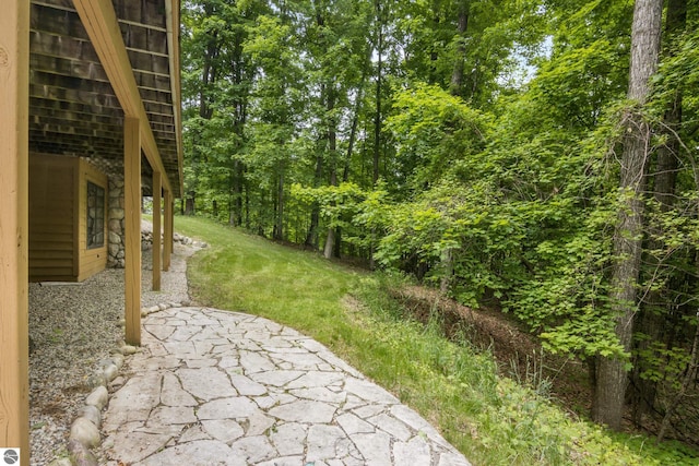 6352 S Westwood Pkwy, Suttons Bay, MI 49682 - view of yard featuring a patio and a forest view