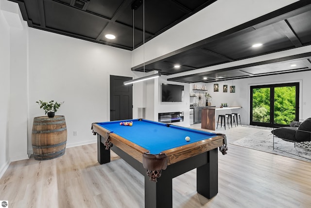 1259 Lin Dale Dr, Traverse City, MI 49686 - playroom featuring coffered ceiling, billiards, light wood-style flooring, recessed lighting, and beam ceiling