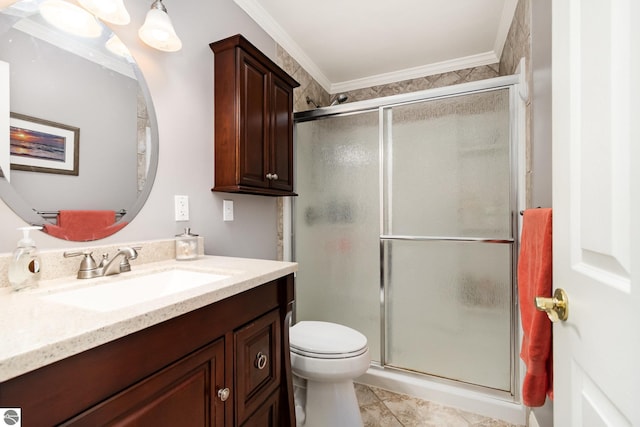 589 Pine Ln, East Tawas, MI 48730 - full bathroom with vanity, a stall shower, and ornamental molding