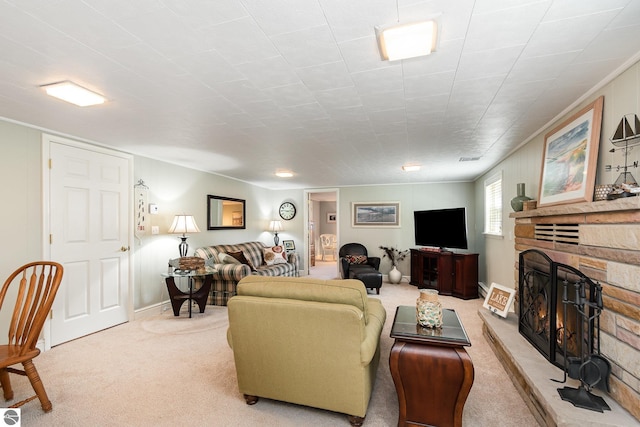 589 Pine Ln, East Tawas, MI 48730 - carpeted living room with a fireplace, ornamental molding, and a baseboard radiator
