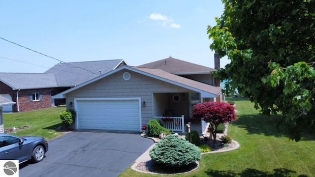 589 Pine Ln, East Tawas, MI 48730 - view of front of house with asphalt driveway, an attached garage, a front yard, and a chimney