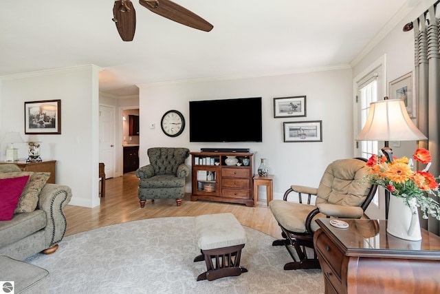 589 Pine Ln, East Tawas, MI 48730 - living room with crown molding, light wood finished floors, and a ceiling fan