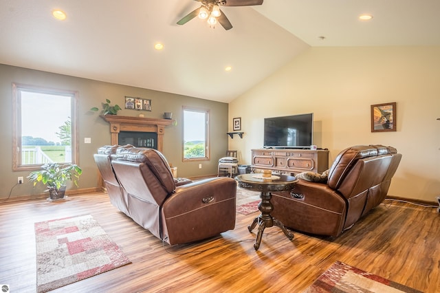 6375 S Isabella Rd, Shepherd, MI 48883 - living room with light wood-style floors, plenty of natural light, ceiling fan, lofted ceiling, and recessed lighting