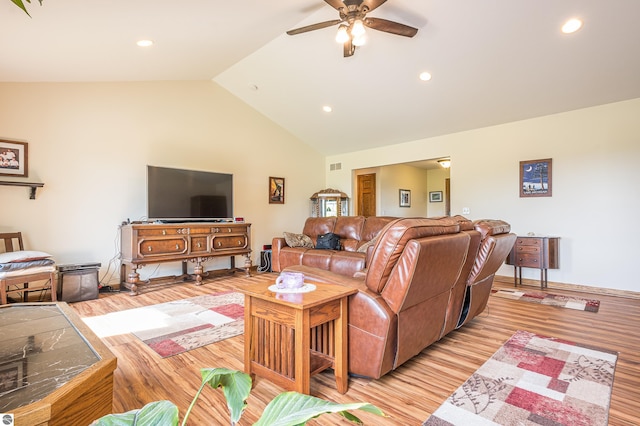 6375 S Isabella Rd, Shepherd, MI 48883 - living area featuring a ceiling fan, light wood-type flooring, recessed lighting, and high vaulted ceiling