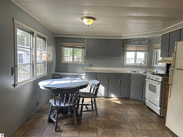 832 Manor Ln, Traverse City, MI 49686 - kitchen with white appliances, gray cabinets, dark stone finish floors, exhaust hood, and crown molding