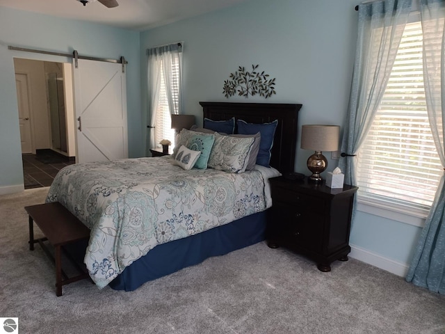 1379 Kunze Rd, East Tawas, MI 48730 - carpeted bedroom with a barn door and baseboards