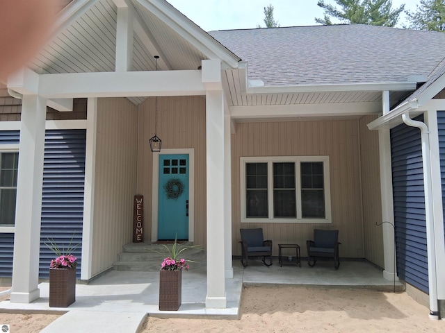 1379 Kunze Rd, East Tawas, MI 48730 - doorway to property featuring roof with shingles