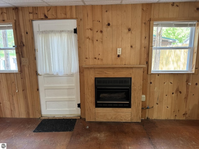 11748 NE Franklin St, Kalkaska, MI 49646 - unfurnished living room with wood walls and a glass covered fireplace