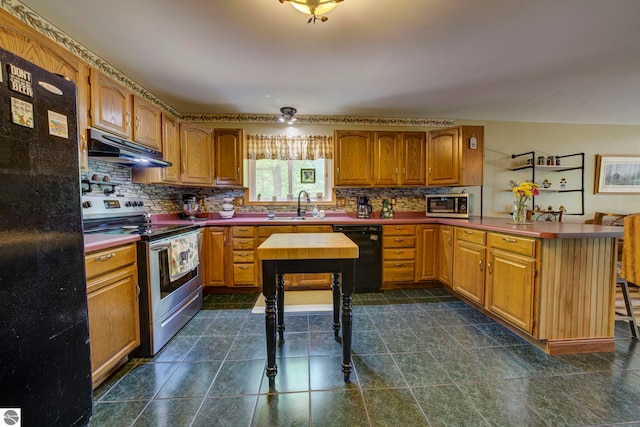 3721 W 18th Rd, Mesick, MI 49668 - kitchen with black appliances, under cabinet range hood, a peninsula, and tasteful backsplash