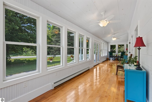 1740 Setterbo Rd, Suttons Bay, MI 49682 - unfurnished sunroom featuring a baseboard radiator, hardwood / wood-style floors, healthy amount of natural light, and wood ceiling