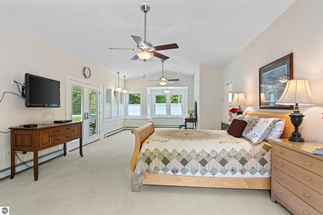 1740 Setterbo Rd, Suttons Bay, MI 49682 - bedroom featuring light carpet, vaulted ceiling, access to exterior, french doors, and baseboard heating